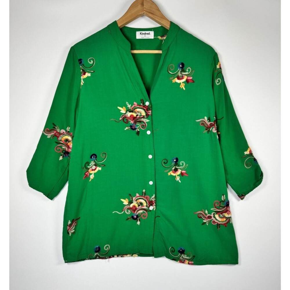 Kindred‎ Anthropologie Blouse Womens Medium Kelly Green Embroidered Floral Boho